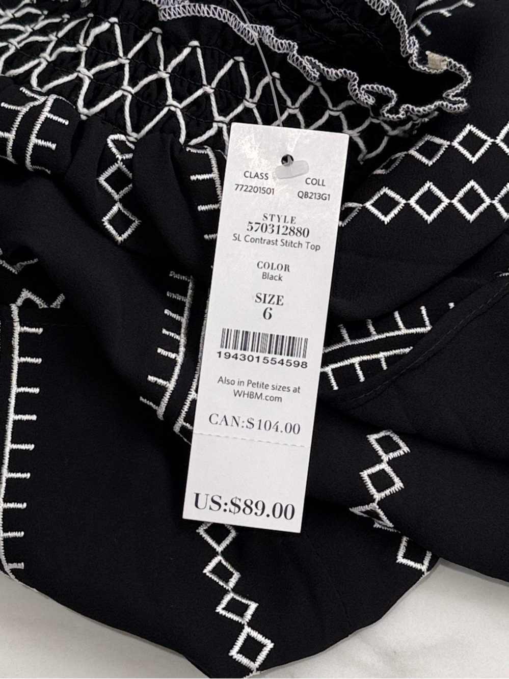 White House Black Market Sleeveless Contrast Stitch Top, Black | Size 6 - Picture 8 of 8